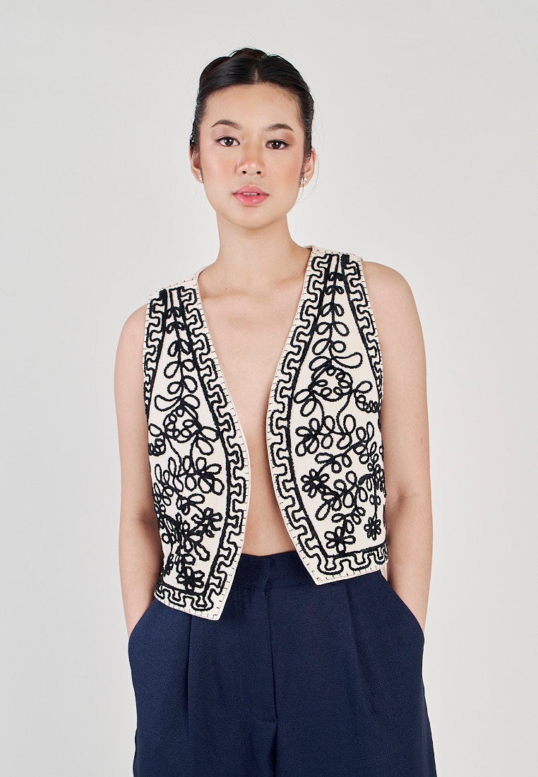 Kowen White with Black Abstract Patterns V Neck Sleeveless Vest Top