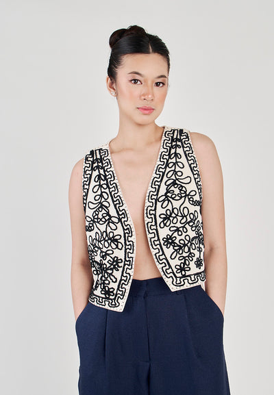 Kowen White with Black Abstract Patterns V Neck Sleeveless Vest Top