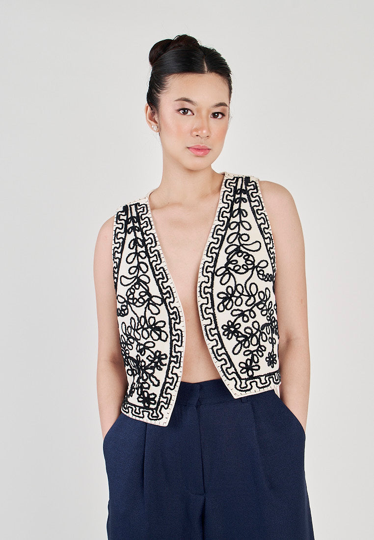 Kowen White with Black Abstract Patterns V Neck Sleeveless Vest Top