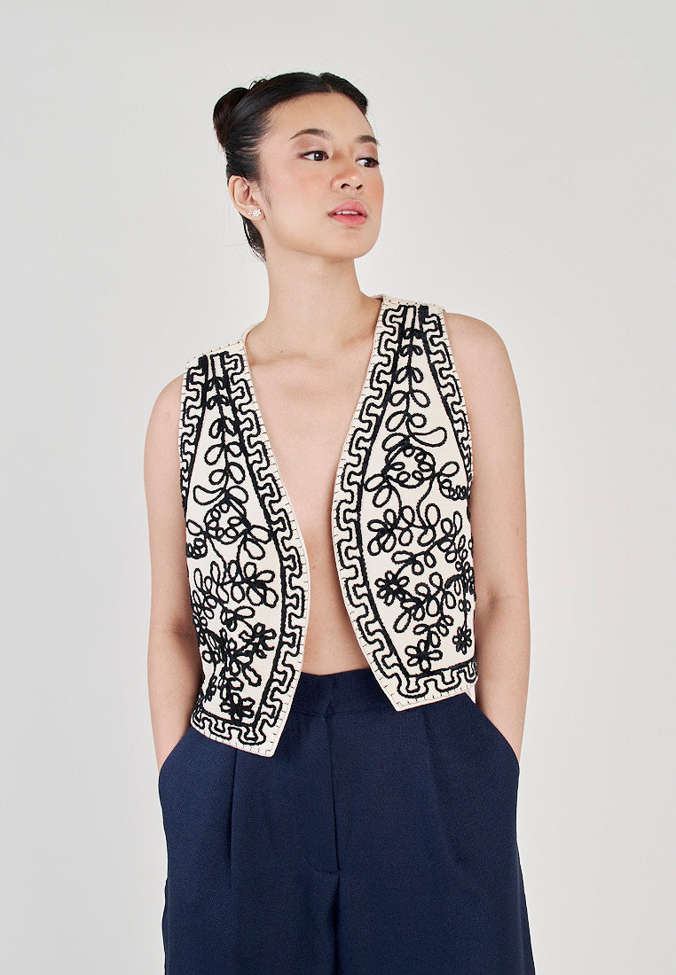 Kowen White with Black Abstract Patterns V Neck Sleeveless Vest Top