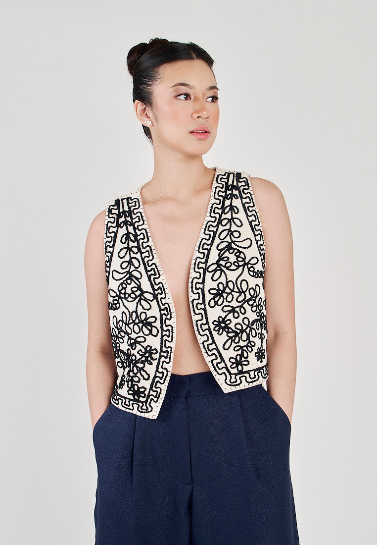 Kowen White with Black Abstract Patterns V Neck Sleeveless Vest Top