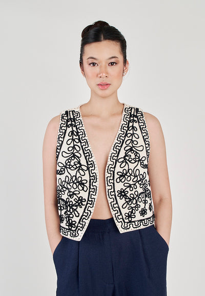 Kowen White with Black Abstract Patterns V Neck Sleeveless Vest Top