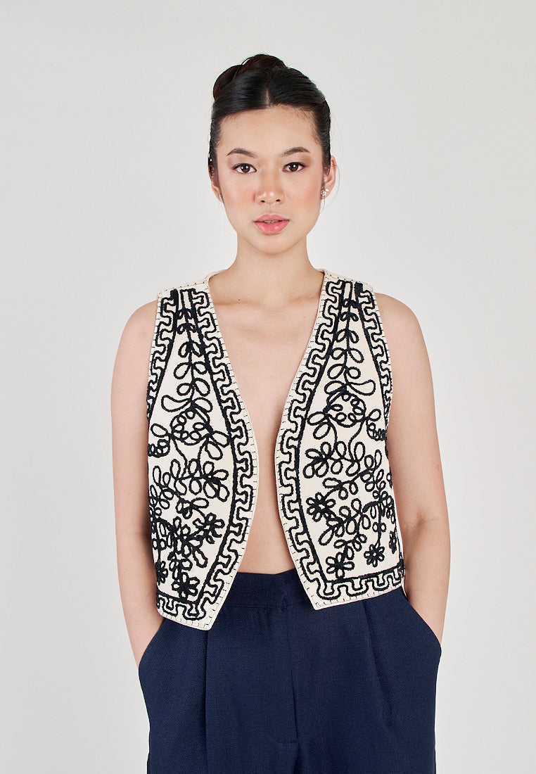 Kowen White with Black Abstract Patterns V Neck Sleeveless Vest Top