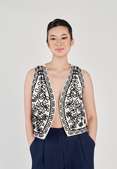 Kowen White with Black Abstract Patterns V Neck Sleeveless Vest Top