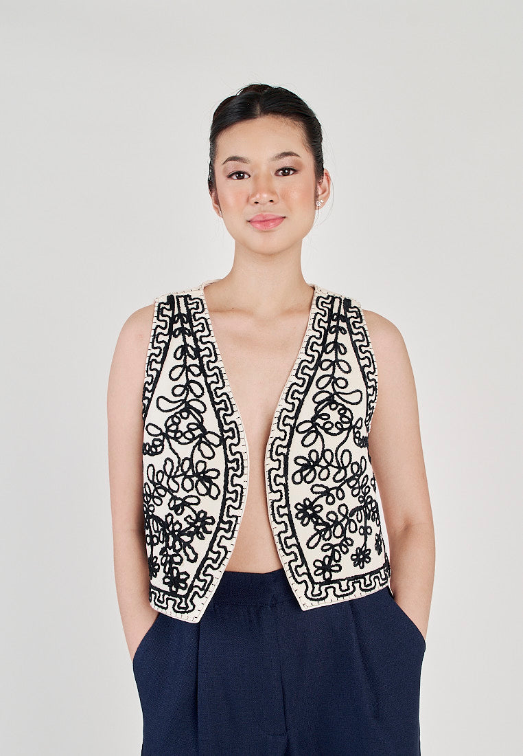 Kowen White with Black Abstract Patterns V Neck Sleeveless Vest Top