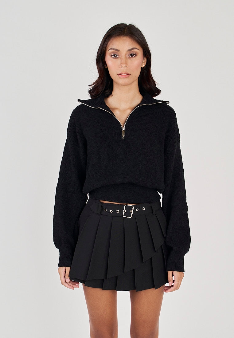 Phil Black V Neck Front Zipper Collar Long Sleeve Sweater Top