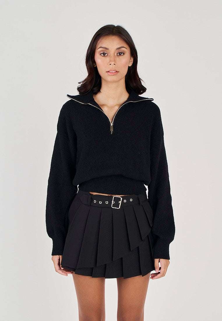 Phil Black V Neck Front Zipper Collar Long Sleeve Sweater Top