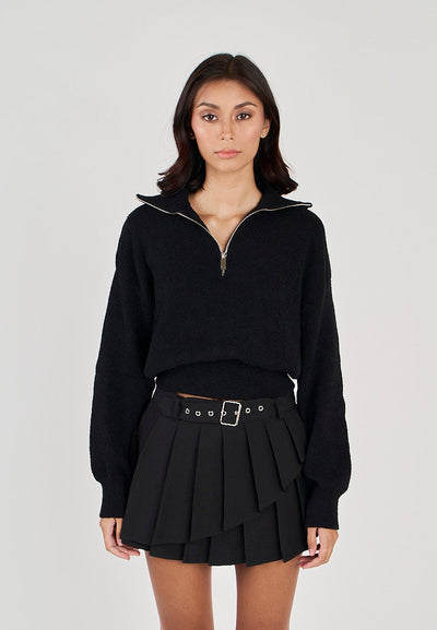 Phil Black V Neck Front Zipper Collar Long Sleeve Sweater Top