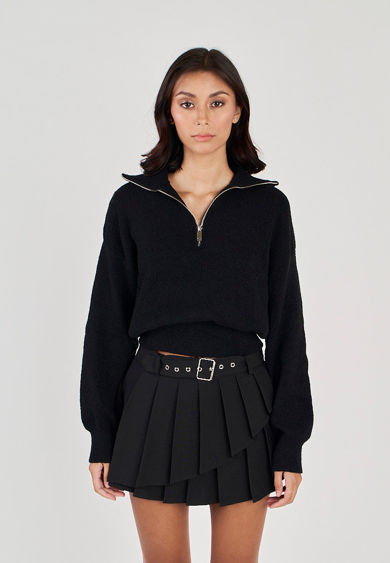 Phil Black V Neck Front Zipper Collar Long Sleeve Sweater Top