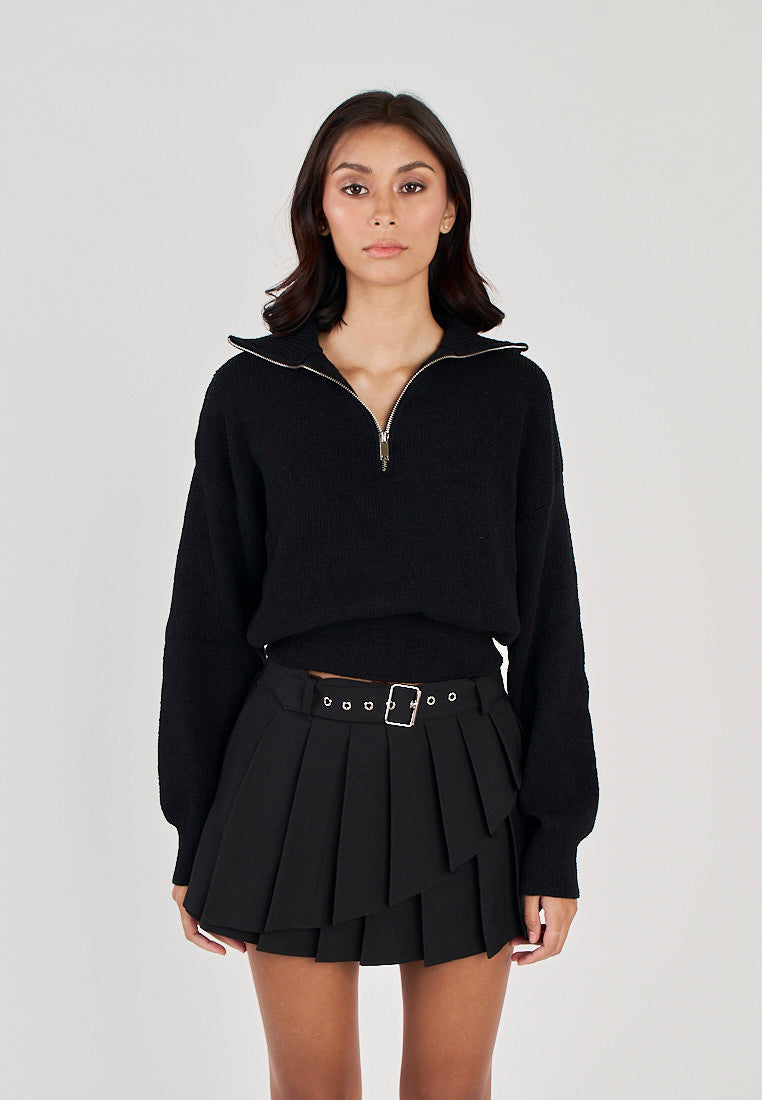 Phil Black V Neck Front Zipper Collar Long Sleeve Sweater Top