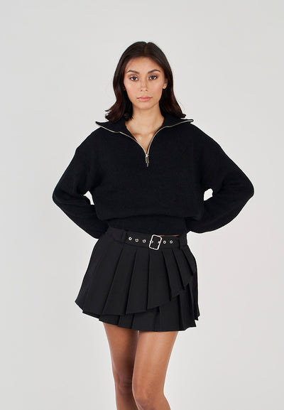 Phil Black V Neck Front Zipper Collar Long Sleeve Sweater Top