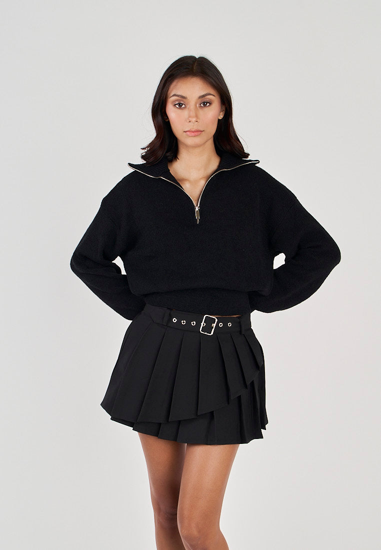 Phil Black V Neck Front Zipper Collar Long Sleeve Sweater Top