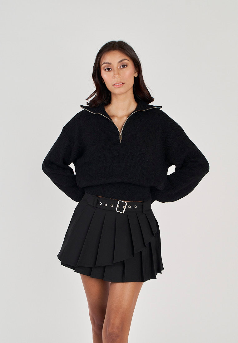 Phil Black V Neck Front Zipper Collar Long Sleeve Sweater Top