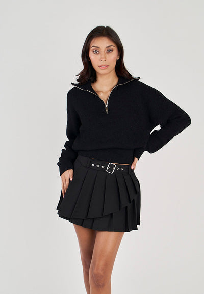 Phil Black V Neck Front Zipper Collar Long Sleeve Sweater Top