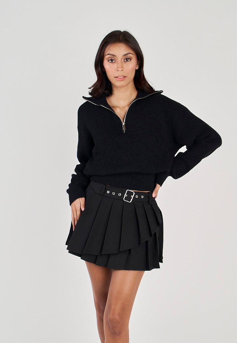 Phil Black V Neck Front Zipper Collar Long Sleeve Sweater Top