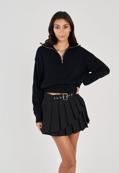 Phil Black V Neck Front Zipper Collar Long Sleeve Sweater Top