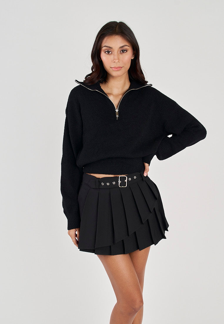 Phil Black V Neck Front Zipper Collar Long Sleeve Sweater Top