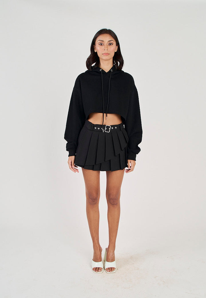 Hirro Black Pleated asymmetrical Front Detail with Belt Mini Skirt
