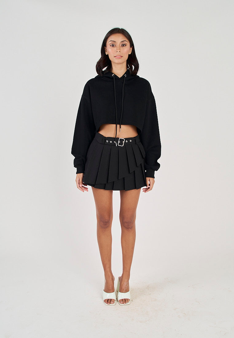 Hirro Black Pleated asymmetrical Front Detail with Belt Mini Skirt
