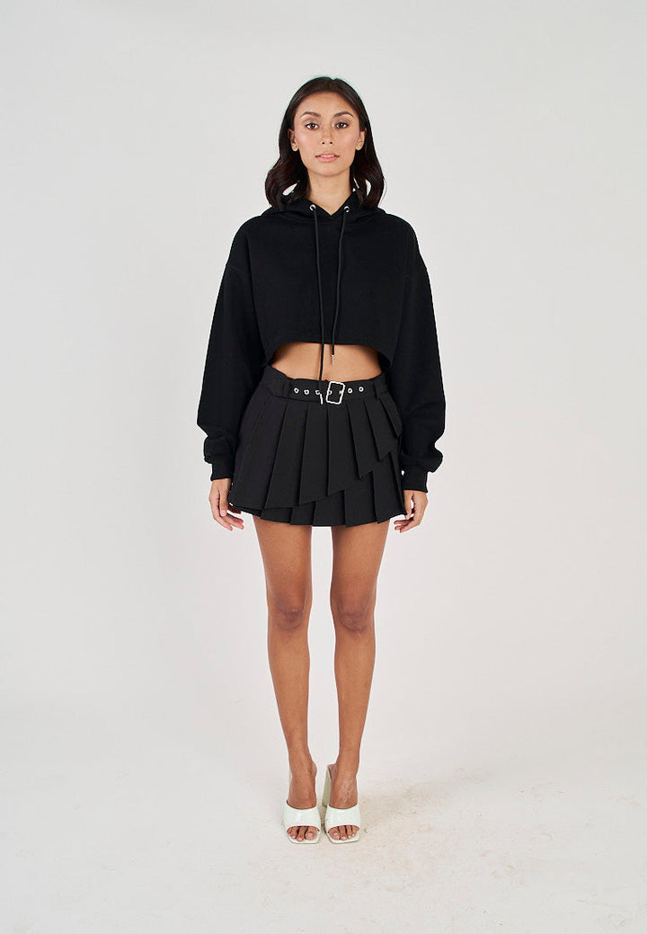 Hirro Black Pleated asymmetrical Front Detail with Belt Mini Skirt