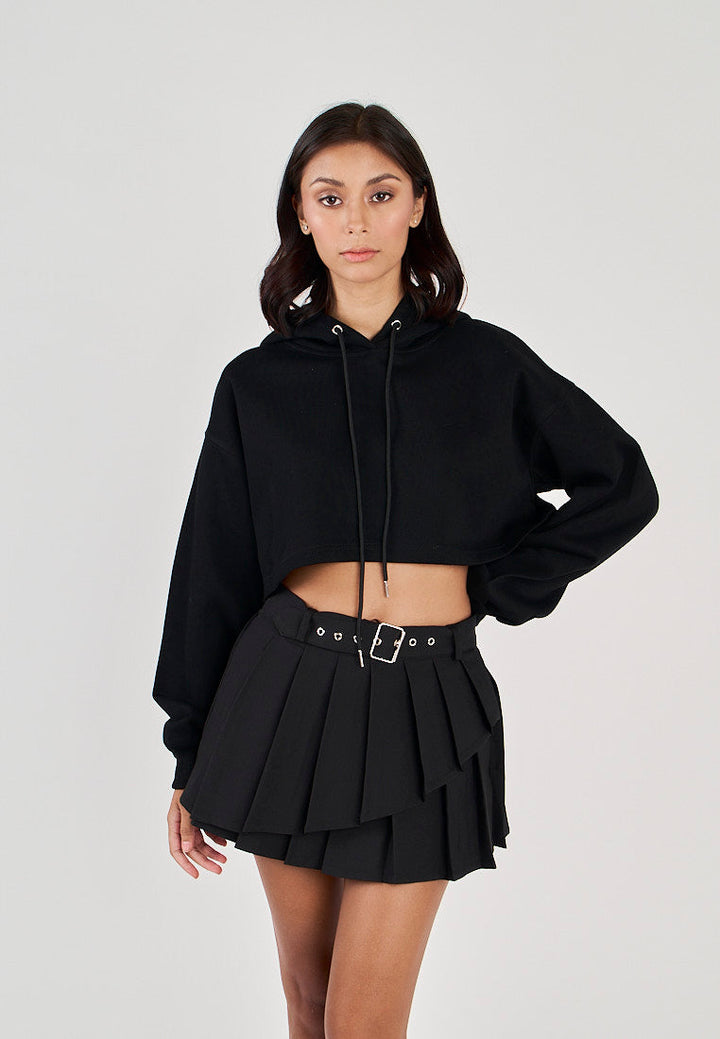 Hirro Black Pleated asymmetrical Front Detail with Belt Mini Skirt