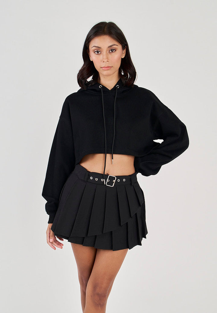 Hirro Black Pleated asymmetrical Front Detail with Belt Mini Skirt