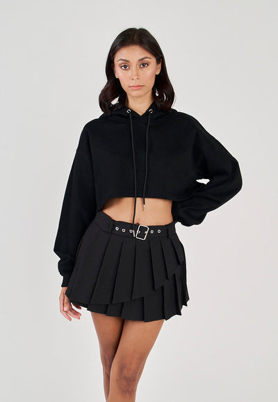 Herra Black Long Sleeves Cropped Drawstring Hoodie Jacket