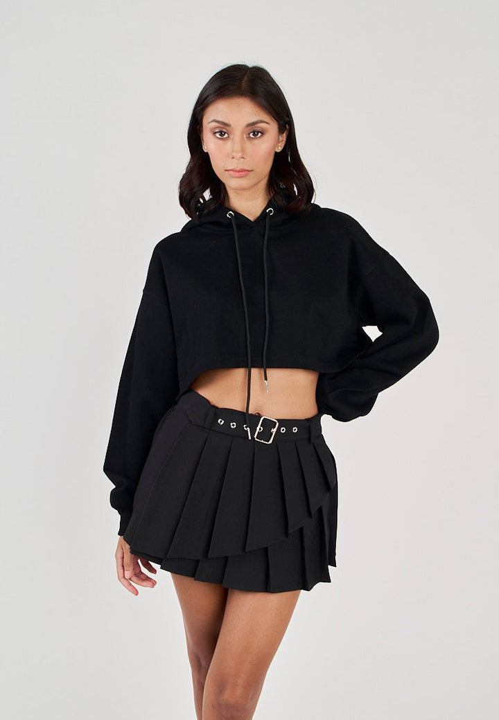 Hirro Black Pleated asymmetrical Front Detail with Belt Mini Skirt