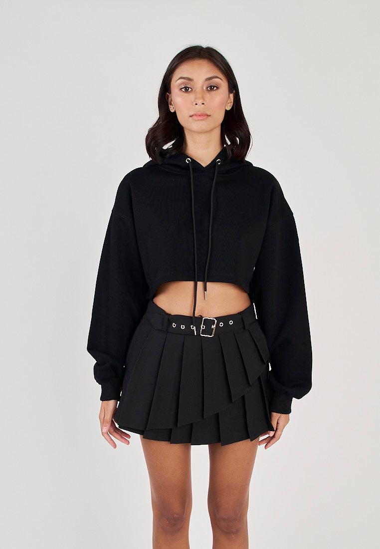 Herra Black Long Sleeves Cropped Drawstring Hoodie Jacket