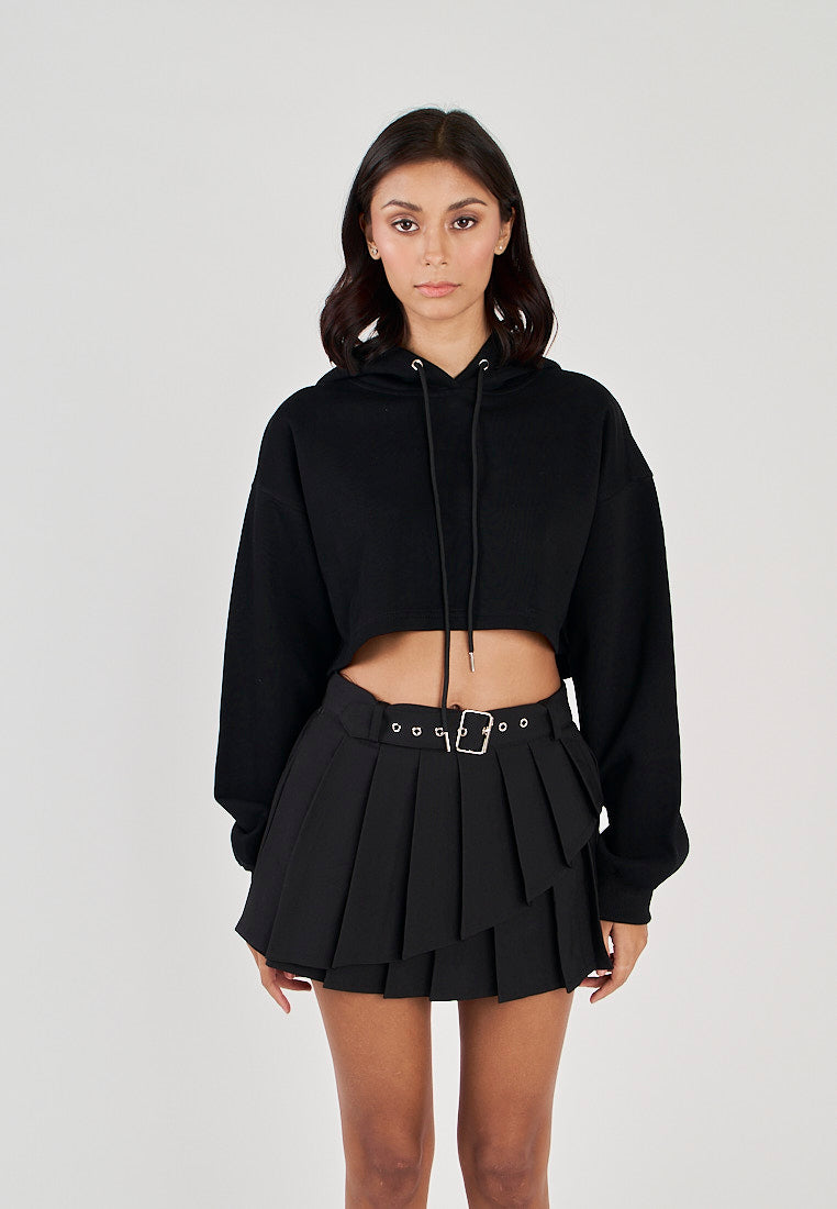 Herra Black Long Sleeves Cropped Drawstring Hoodie Jacket