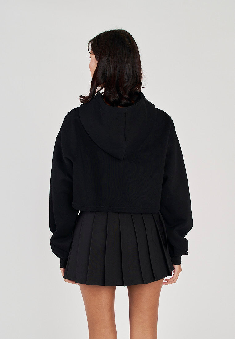 Herra Black Long Sleeves Cropped Drawstring Hoodie Jacket