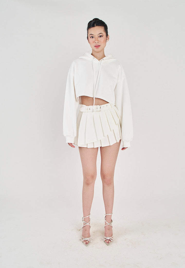 Hirro White Pleated asymmetrical Front Detail with Belt Mini Skirt