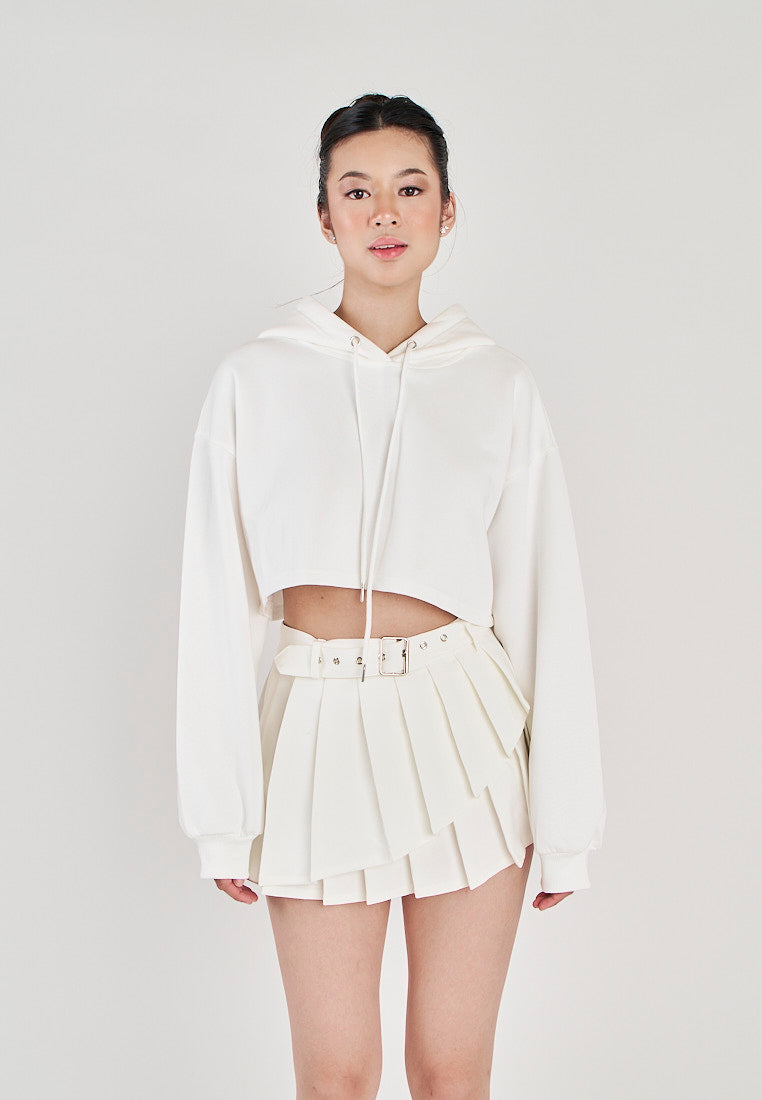 Herra White Long Sleeves Cropped Drawstring Hoodie Jacket