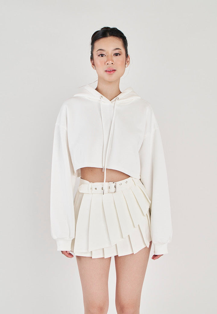 Herra White Long Sleeves Cropped Drawstring Hoodie Jacket