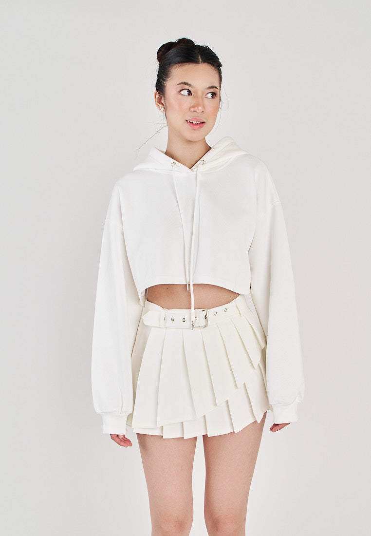 Herra White Long Sleeves Cropped Drawstring Hoodie Jacket