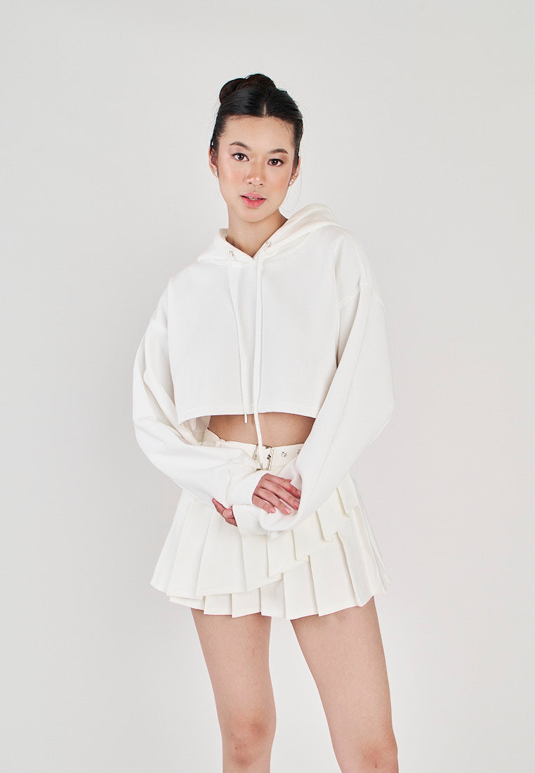 Herra White Long Sleeves Cropped Drawstring Hoodie Jacket