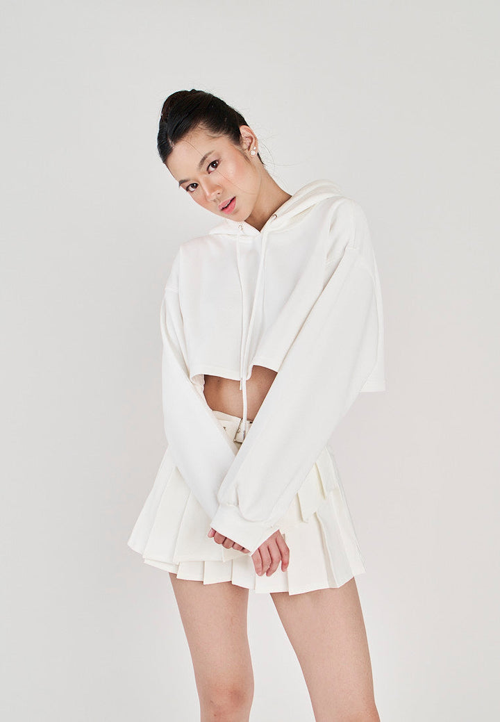 Herra White Long Sleeves Cropped Drawstring Hoodie Jacket