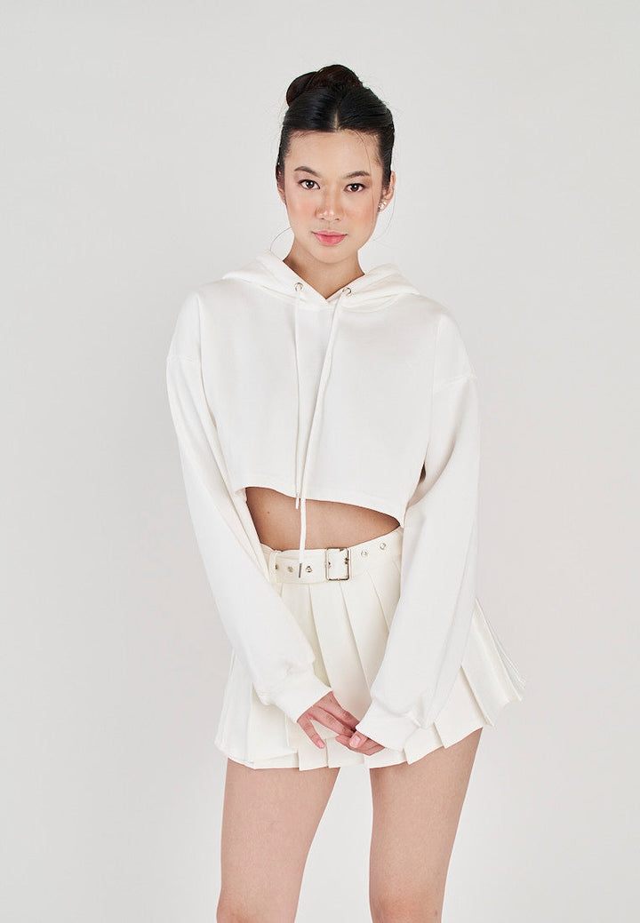 Herra White Long Sleeves Cropped Drawstring Hoodie Jacket