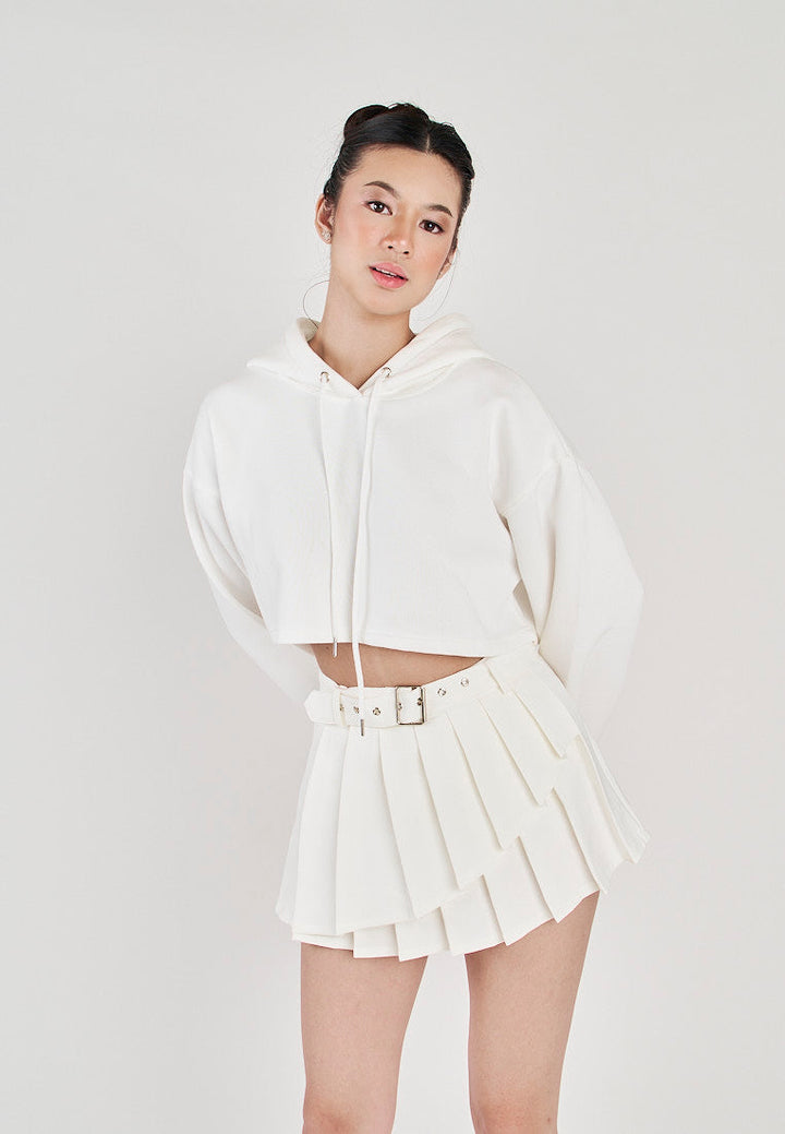 Herra White Long Sleeves Cropped Drawstring Hoodie Jacket