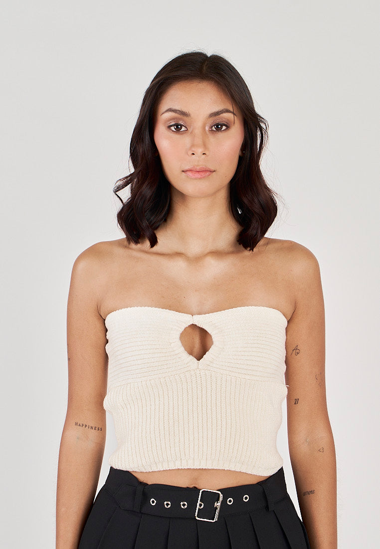 Nesreen Beige Lined Front Hollow Out Knitted Tube Top