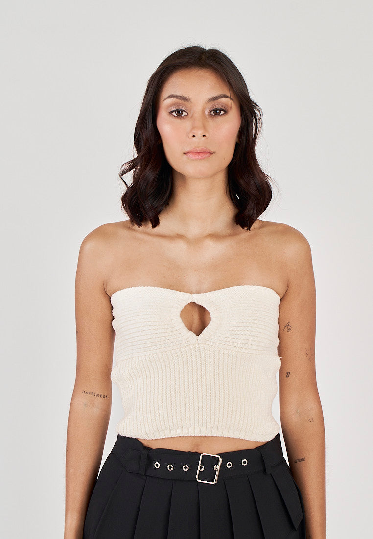 Nesreen Beige Lined Front Hollow Out Knitted Tube Top