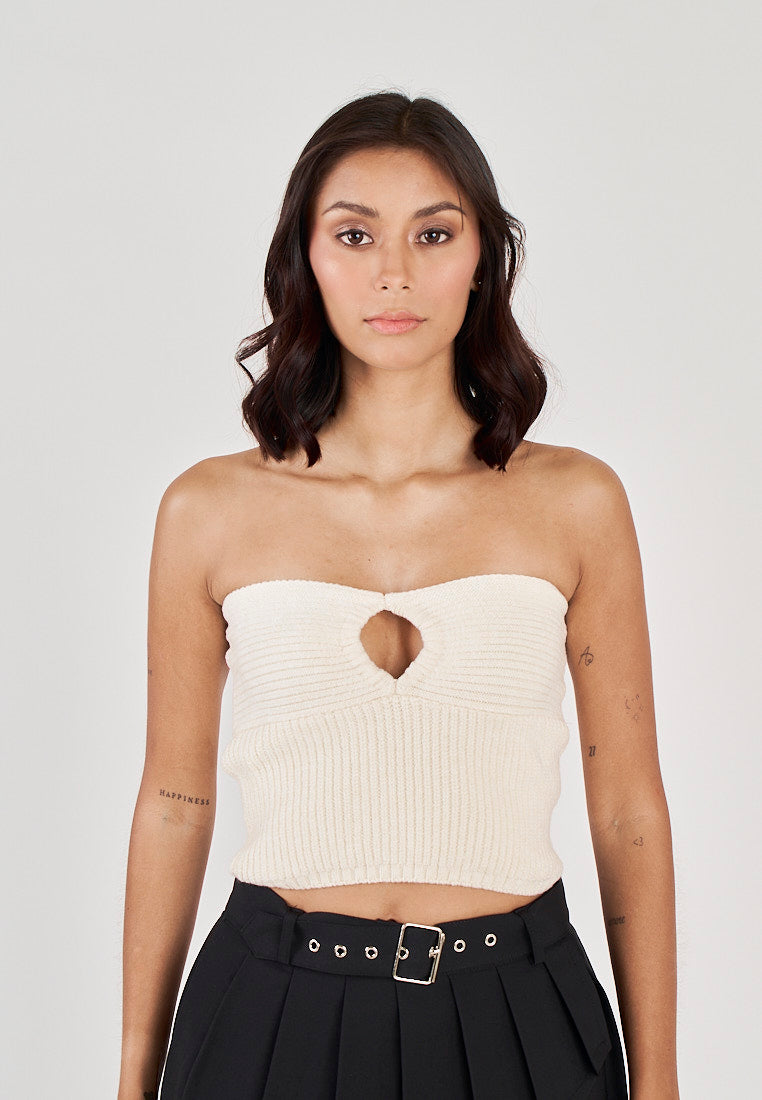 Nesreen Beige Lined Front Hollow Out Knitted Tube Top