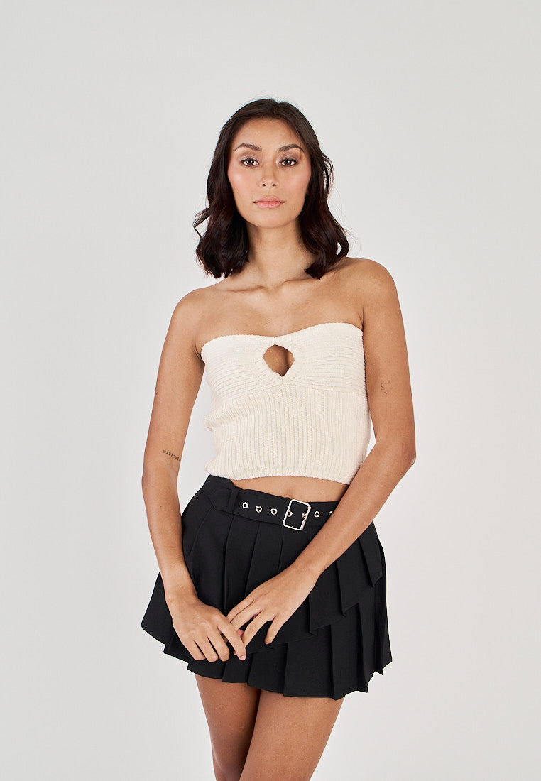Nesreen Beige Lined Front Hollow Out Knitted Tube Top
