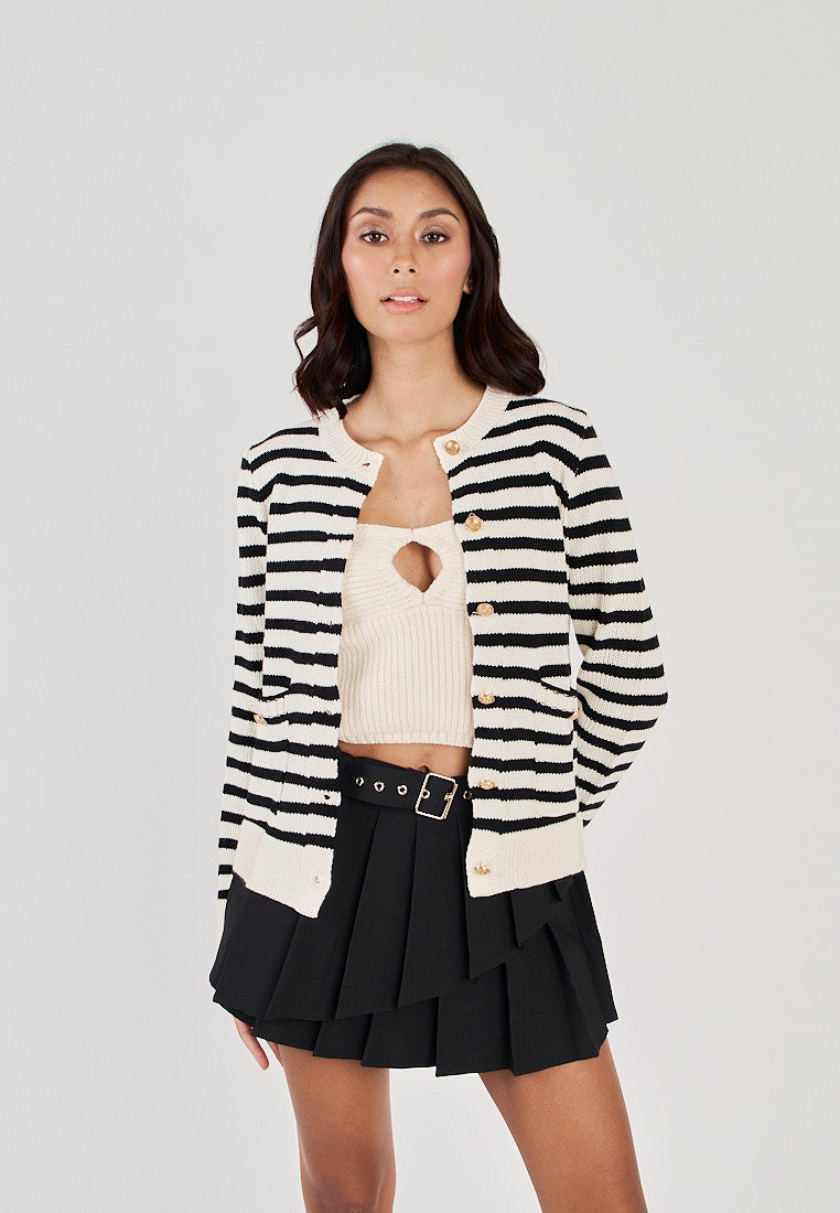Lionel White and Black Stripes Crew Neck Knitted Long Sleeves Sweater Top with Pockets