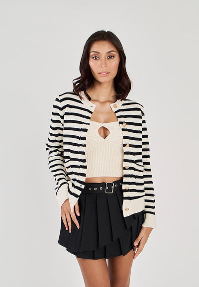 Lionel White and Black Stripes Crew Neck Knitted Long Sleeves Sweater Top with Pockets