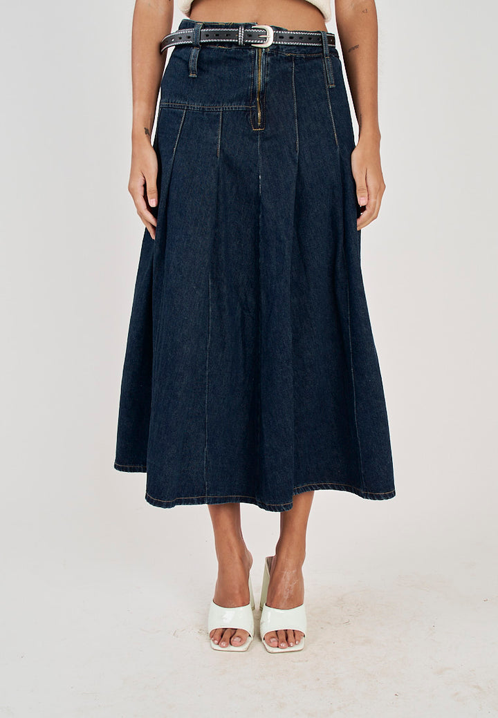 Hershee Blue Denim Pleated Zipper Fly Side Zipper Midi Skirt with Belt