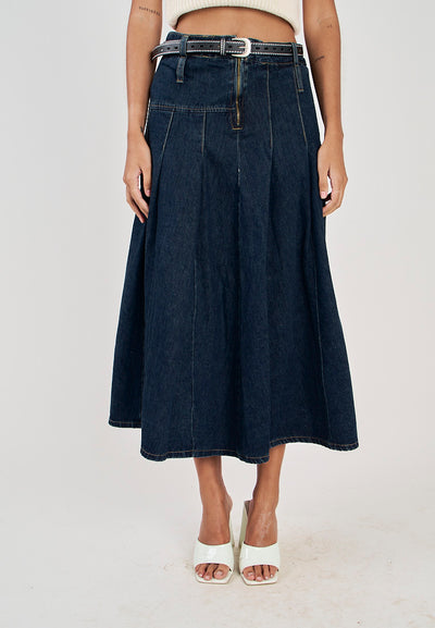 Hershee Blue Denim Pleated Zipper Fly Side Zipper Midi Skirt with Belt