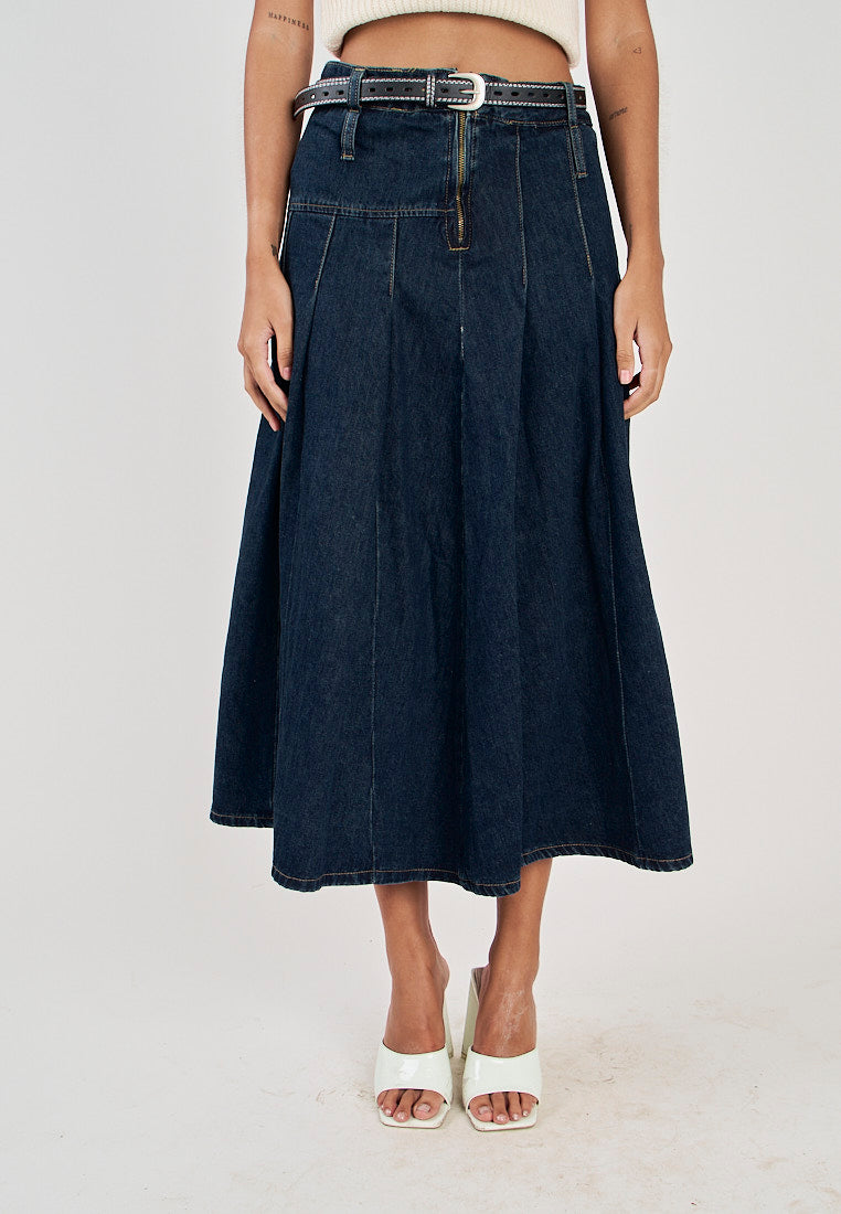 Hershee Blue Denim Pleated Zipper Fly Side Zipper Midi Skirt with Belt