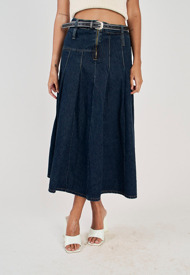 Hershee Blue Denim Pleated Zipper Fly Side Zipper Midi Skirt with Belt