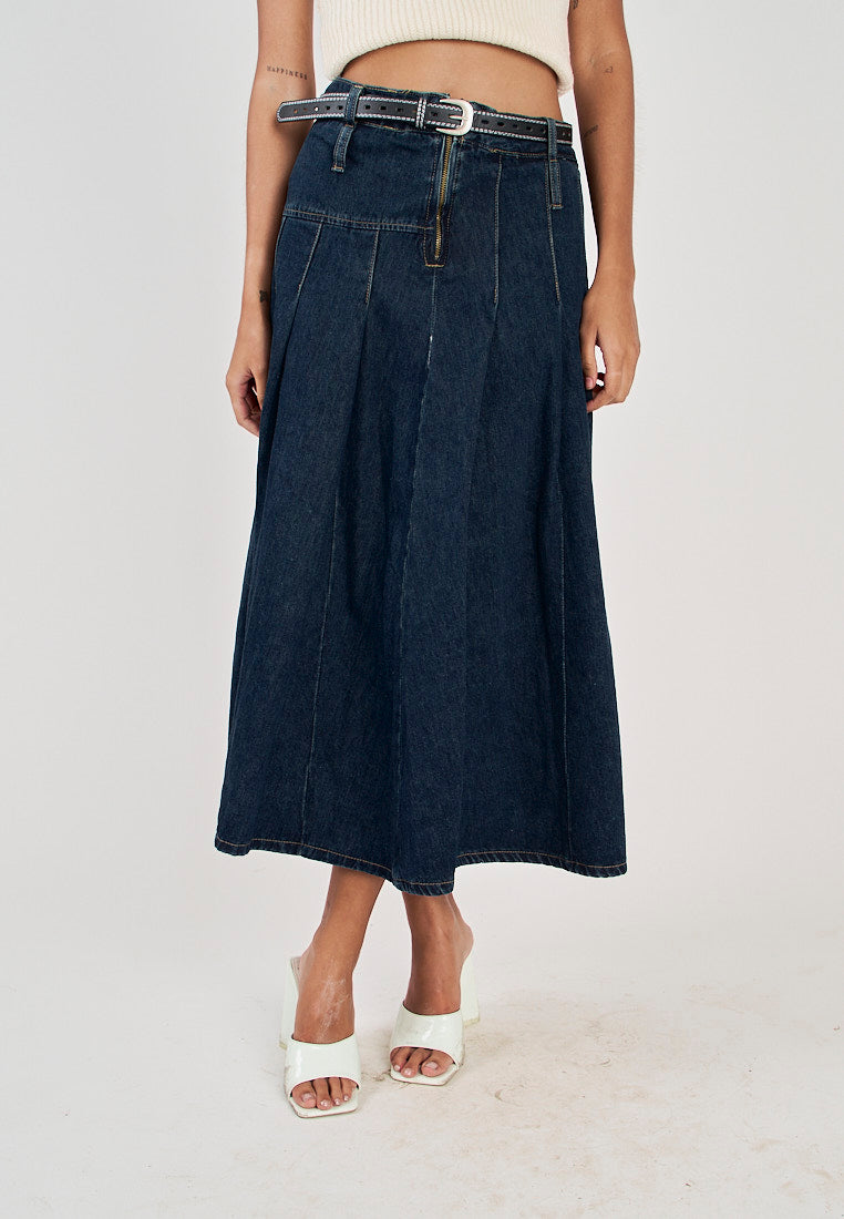 Hershee Blue Denim Pleated Zipper Fly Side Zipper Midi Skirt with Belt